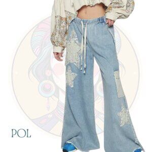 P30 POL Lt Blue Denim-Look French Terry Wide Leg Star Jeans Pants